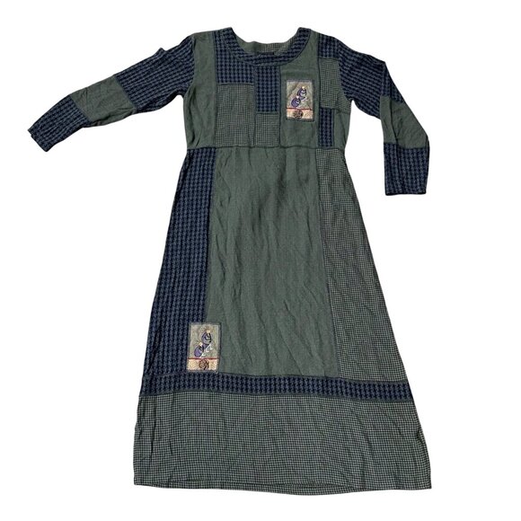 Vintage Dress Green Blue Boho 1990s Alexandra Pierce Patchwork Kokopelli Medium - Picture 2 of 8